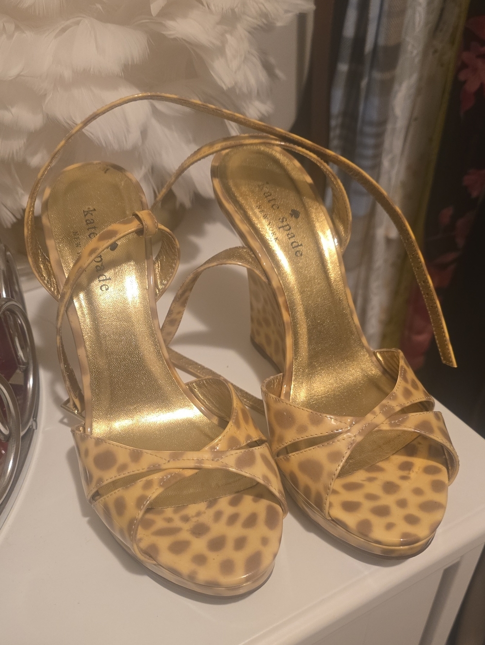 kate spade Gold Leopard-Print Platform Heels